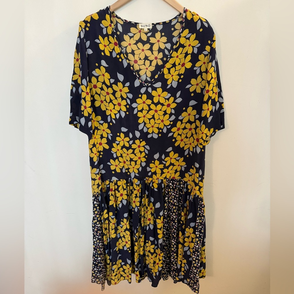 SUNO 100% Silk Navy Yellow Floral V-Neck Dress 6